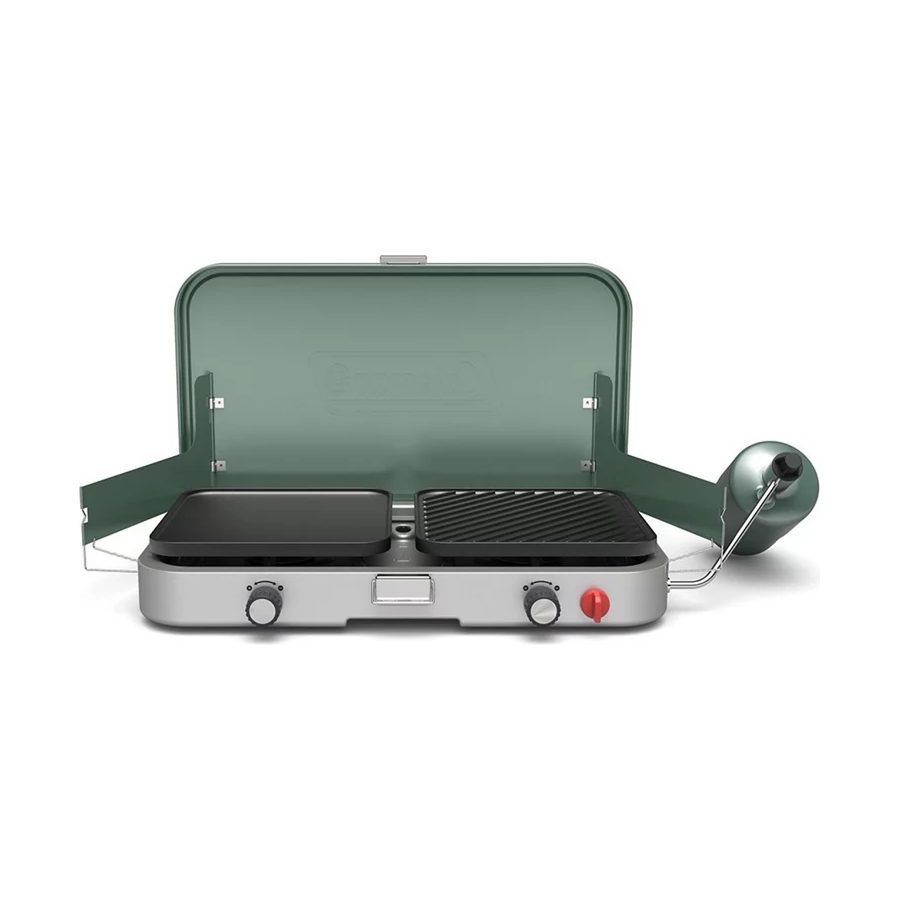 Coleman Cascade 3-in-1 camping stove with griddle and grill plates