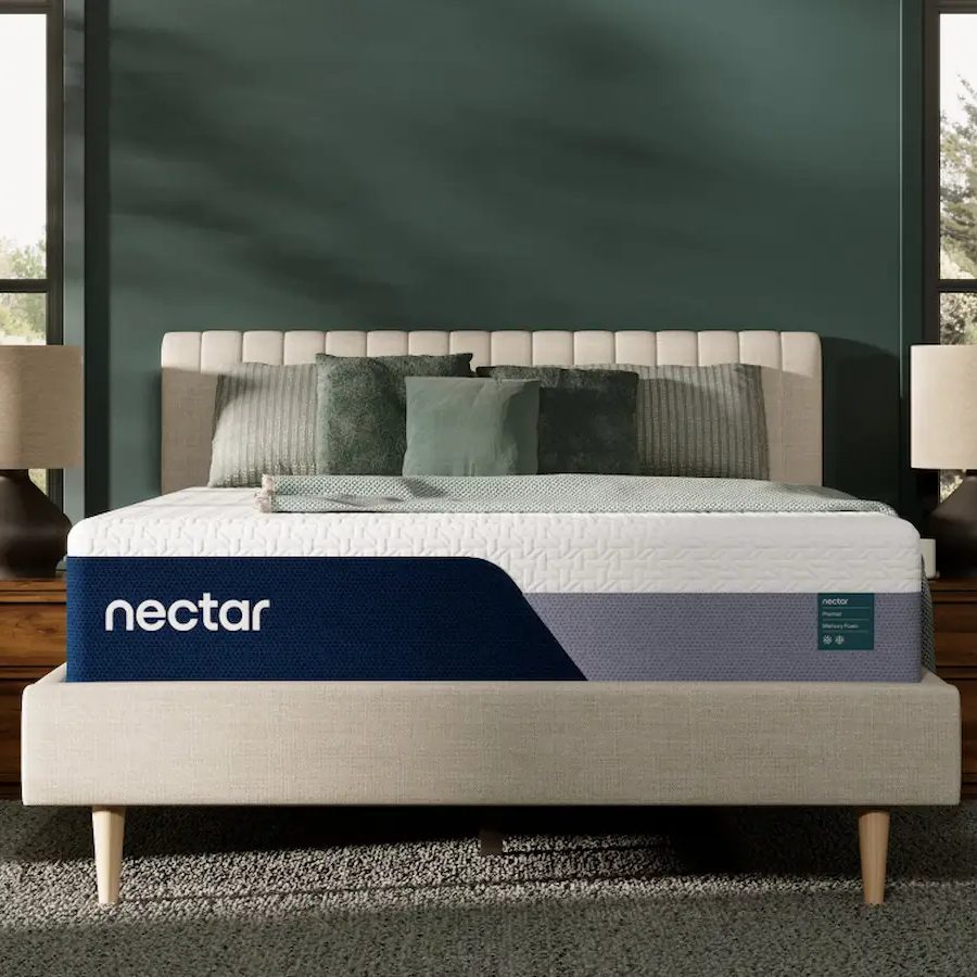 Nectar Premier Memory Foam mattress on an upholstered bed frame