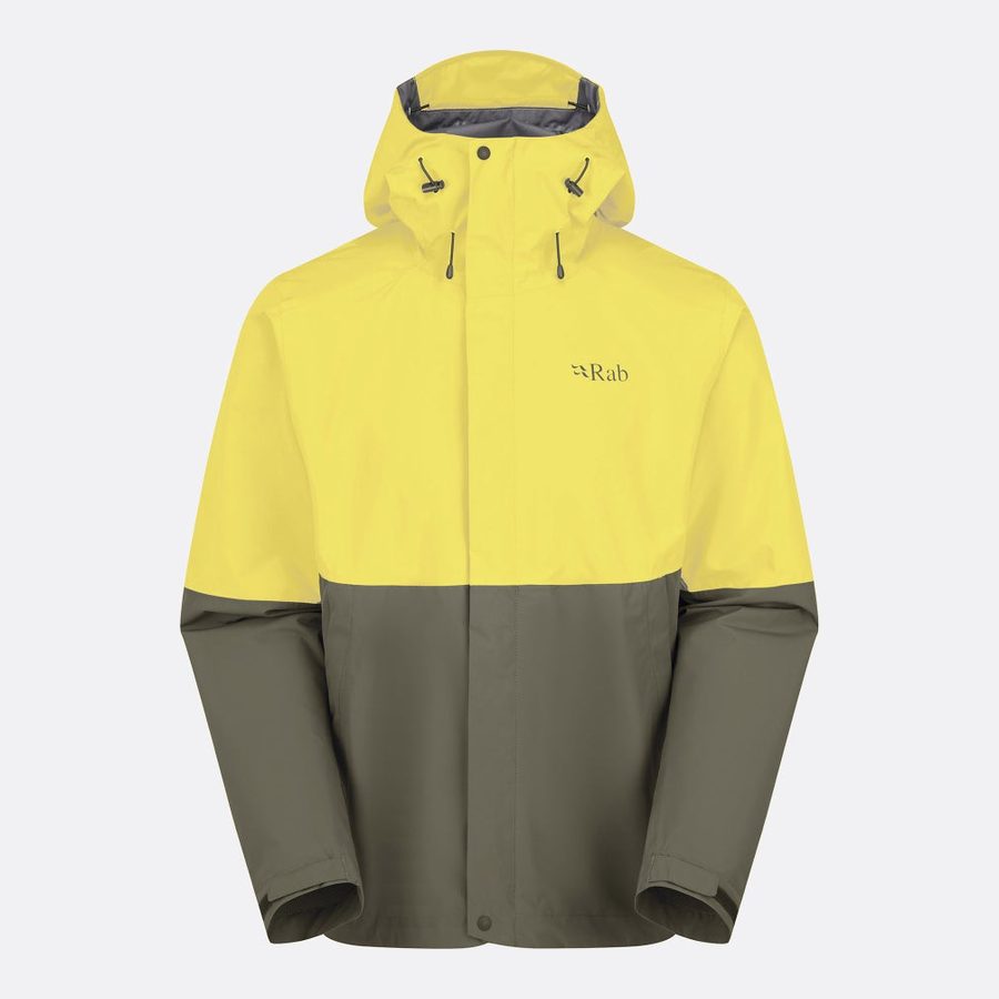 Rab men's Downpour waterproof jacket in yellow and olive